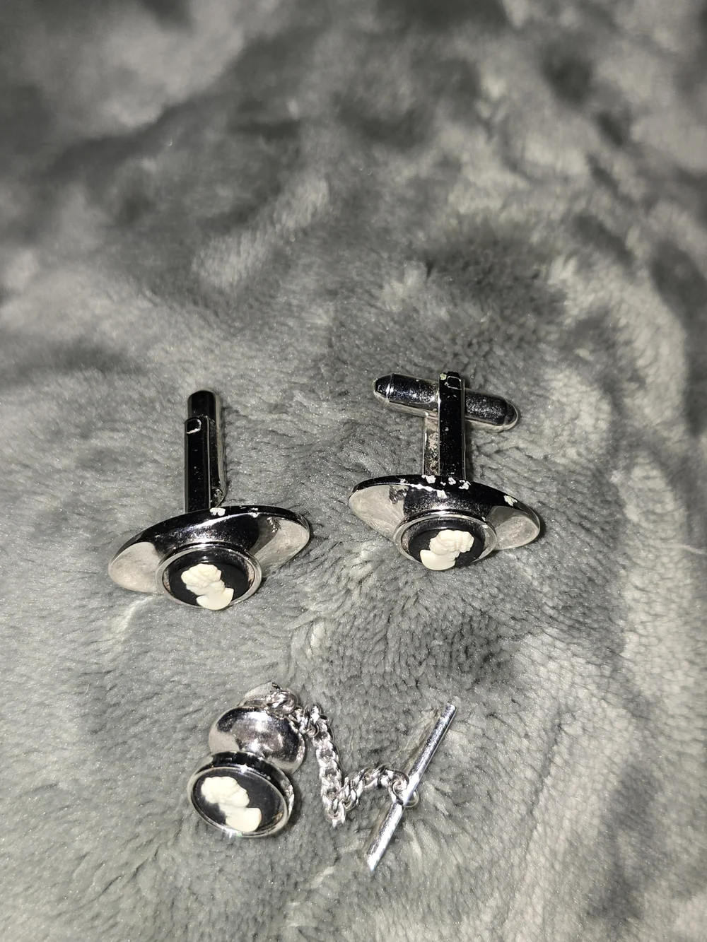 Silver Cameo Cufflinks and Tie Tack Set